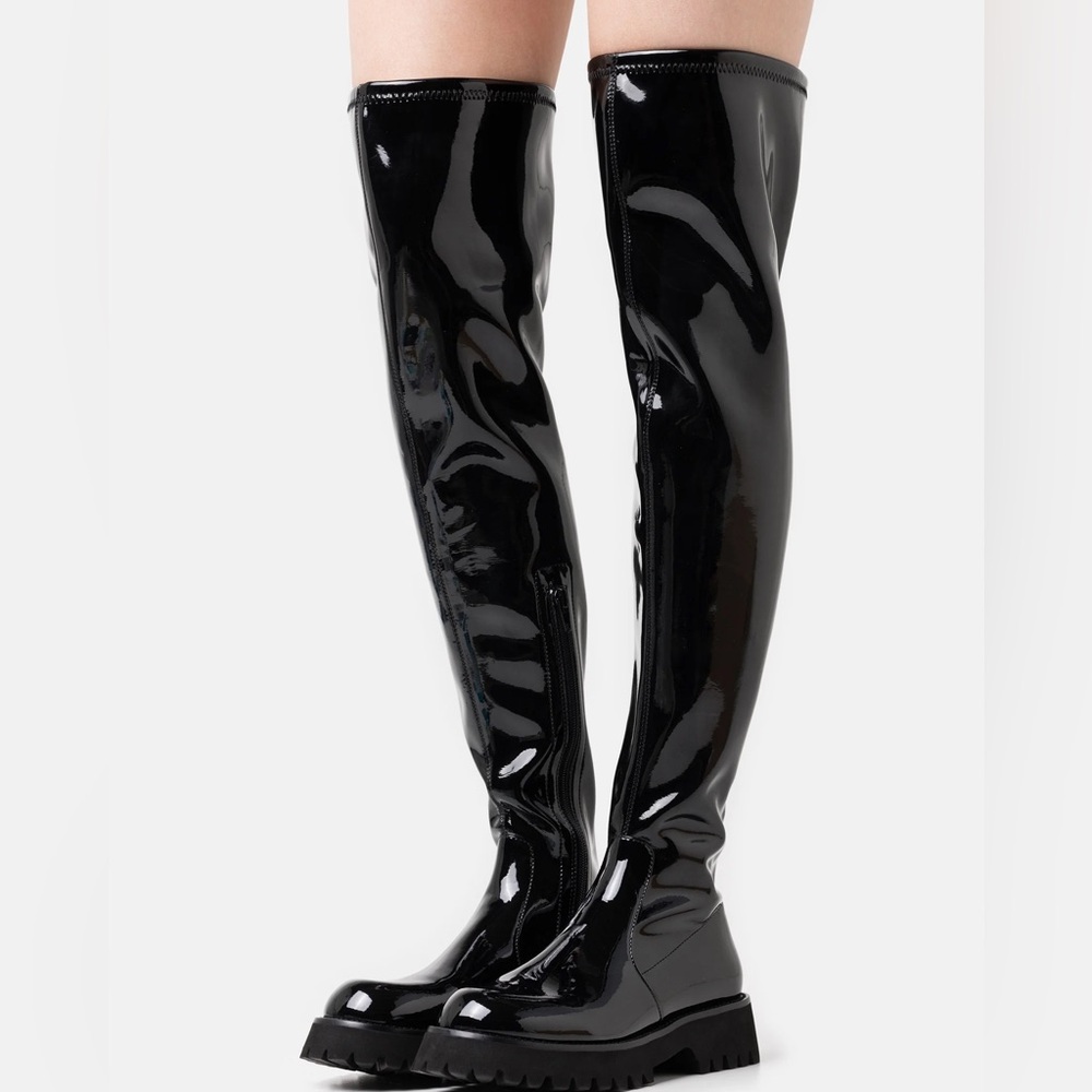 Jeffery Campbell Tanked Over The Knee Boot In Black Crinkle Patent